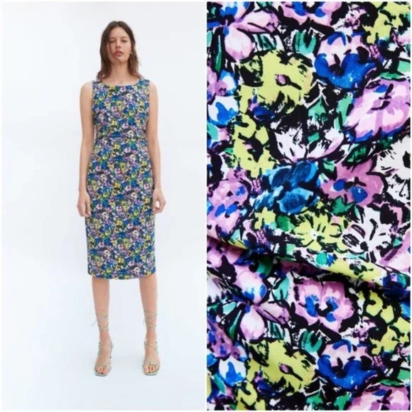 Zara Ruched Floral Print Pencil Dress - Picture 4 of 9